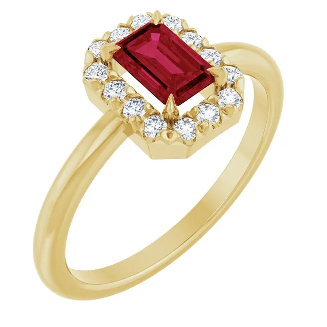 Emerald Ruby Halo Ring with Diamond Accents in Gold and Platinum - 18k Yellow Gold / 2.10 Carat / Lab-Grown-AAA: the shop's own photo