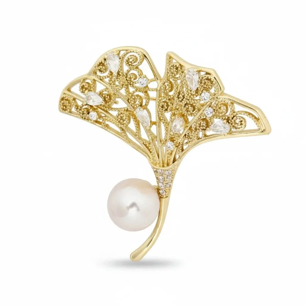 Ginkgo Leaf Pink and White Pearl Brooch: the shop's own photo