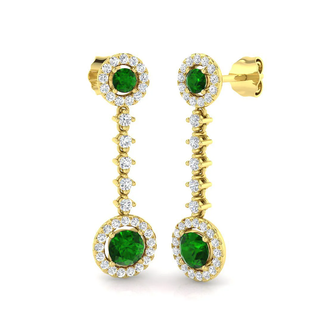 Round Cut Emerald Halo Drop Earrings with Liner Diamond Accents | 9K White, Yellow & Rose - 9k Yellow Gold / 1.25 Carat / Lab Grown Diamond(D-VVS): the shop's own photo