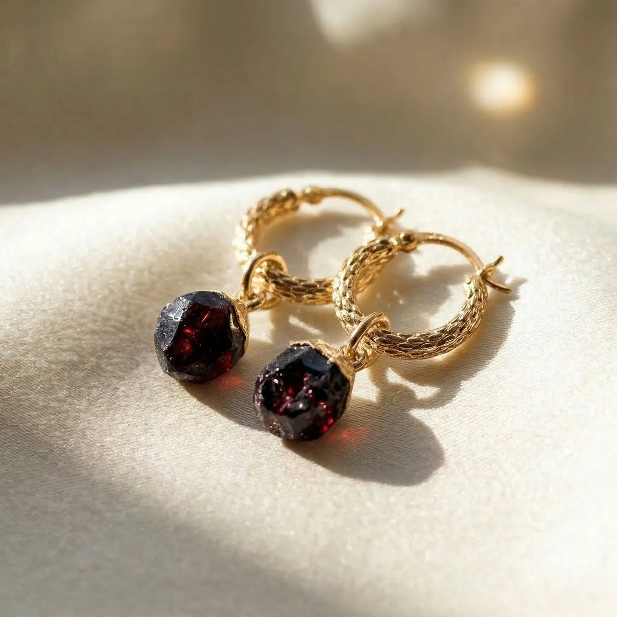 Raw Garnet January Birthstone Huggie Hoops Gold Plated Gemstone Earrings: the shop's own photo