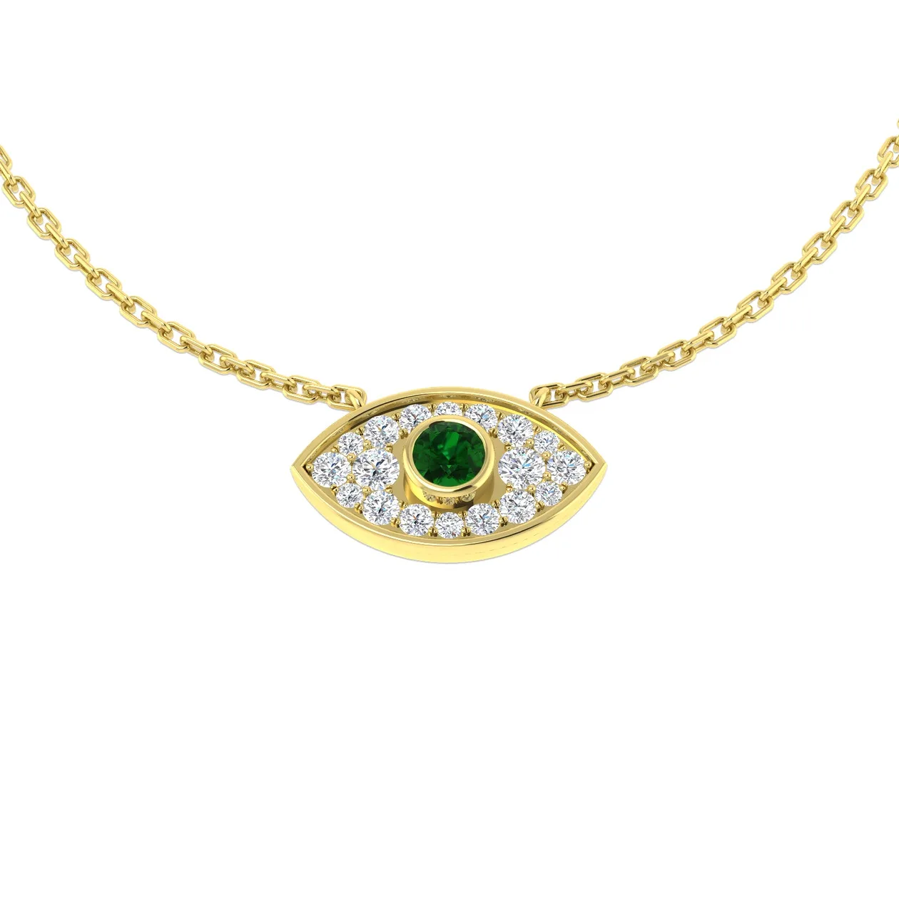 Emerald Pendant Necklace with Diamond Evil Eye Design - UK Hallmarked - 18k Yellow Gold / 0.33 Carat / Lab Grown Diamond (D/VVS): the shop's own photo