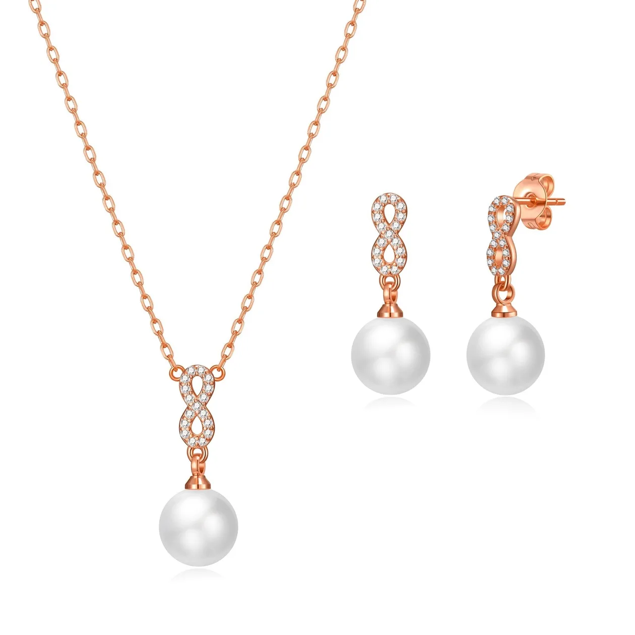 Rose Gold Plated Infinity Pearl Drop Set Created with Zircondia® Crystals: the shop's own photo