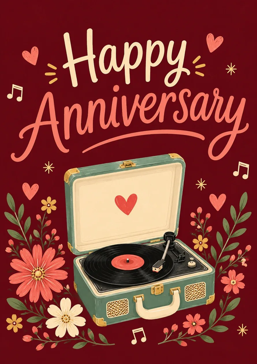 Retro Vinyl Record Player Floral Anniversary Card: the shop's own photo