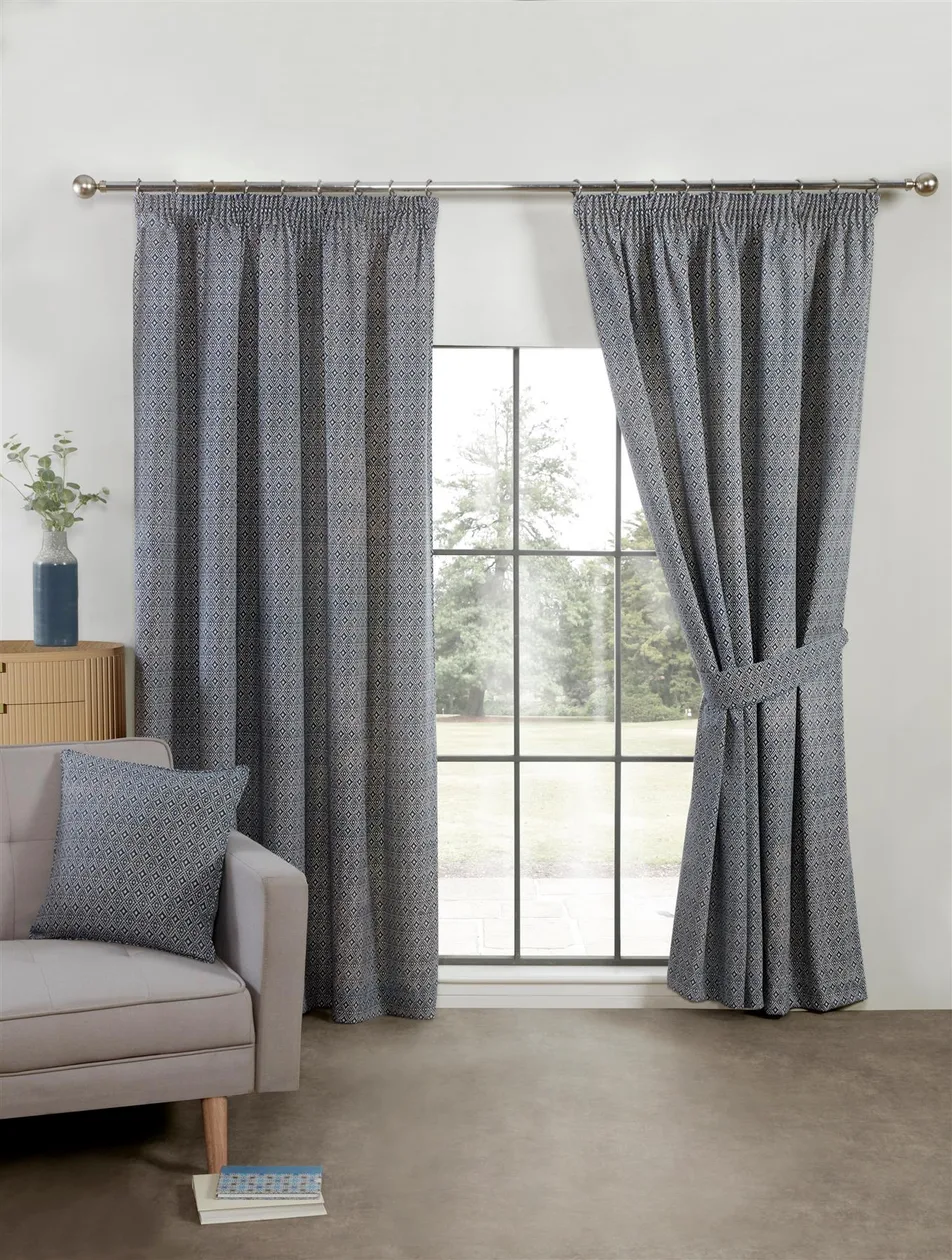 Aztec Navy Pencil Pleat Curtains - 66" x 72": the shop's own photo