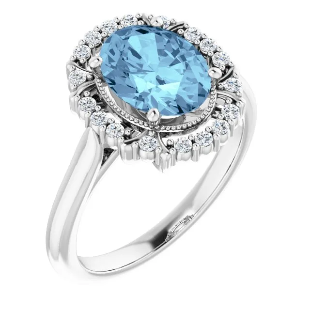 Oval Aquamarine Halo Ring with Diamond Accents in Gold and Platinum - 18k Yellow Gold / 2.90 Carat / Lab-Grown-AAA: the shop's own photo