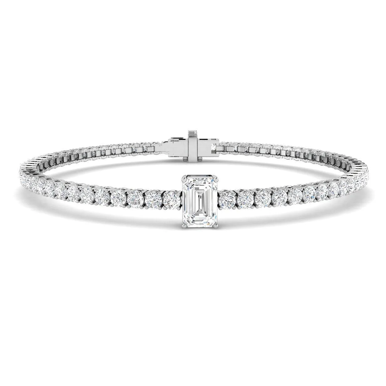 Platinum Emerald Cut Lab Grown Diamond Tennis Bracelet with Round Prong Set Diamonds - 18k Yellow Gold / 4.70 Carat / Lab Grown Diamond: the shop's own photo