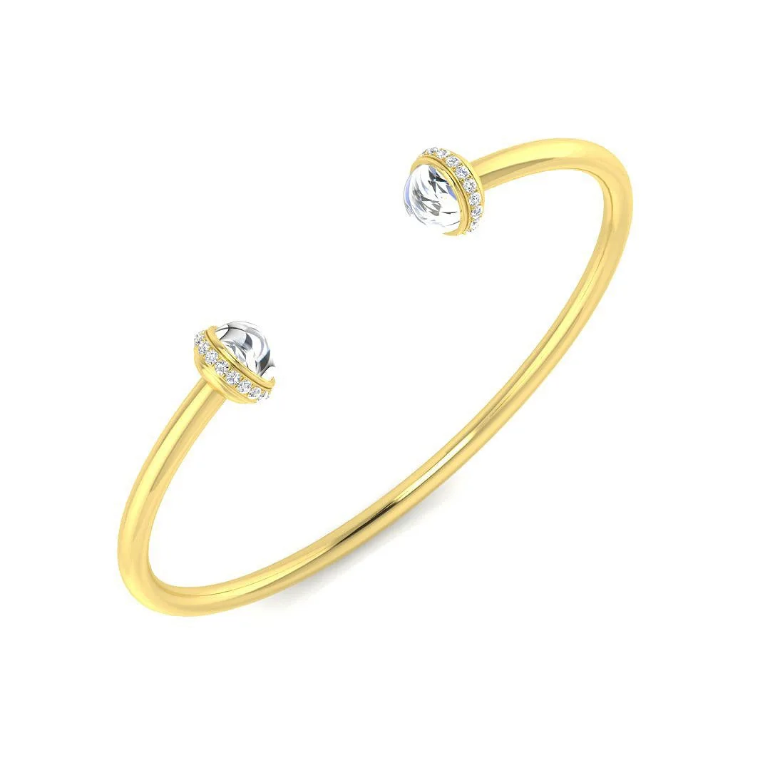 18K Yellow Gold Cabochon White Topaz Open Cuff Bangle with Natural Round Halo Diamonds - 18k Yellow Gold / 1.80 Carat / Natural Diamond: the shop's own photo