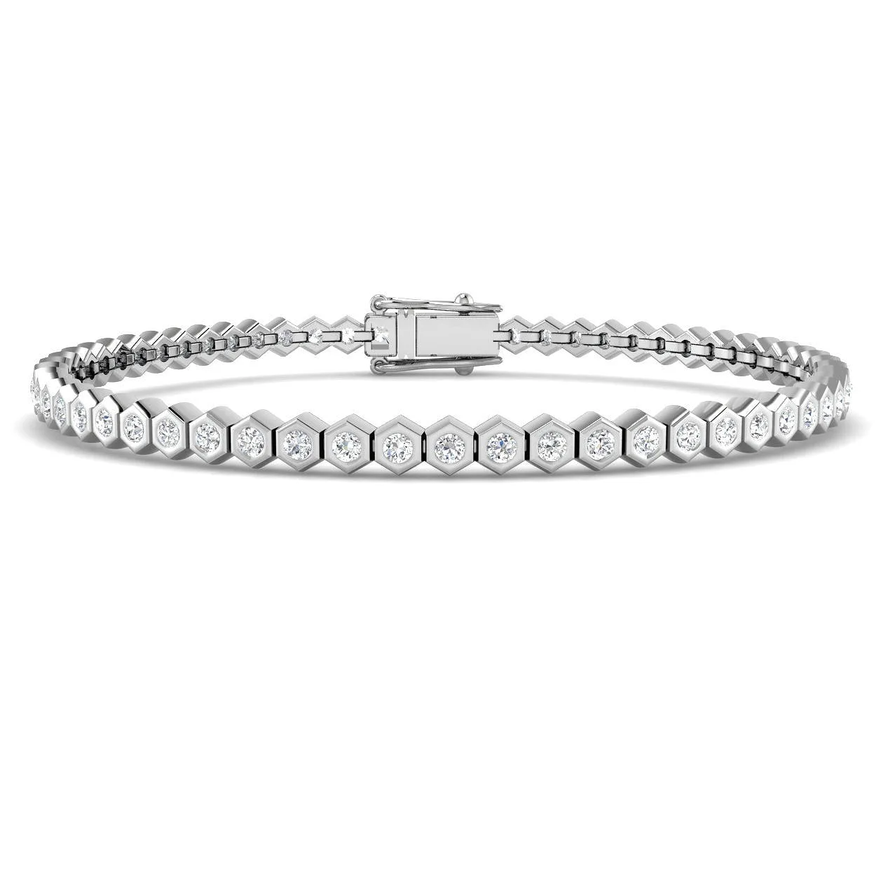 Platinum Lab Grown Diamond Tennis Bracelet – Round Bezel Set Octagon Link Bracelet with Box Clasp - 18k Yellow Gold / 1.55 Carat / Natural Diamond: the shop's own photo