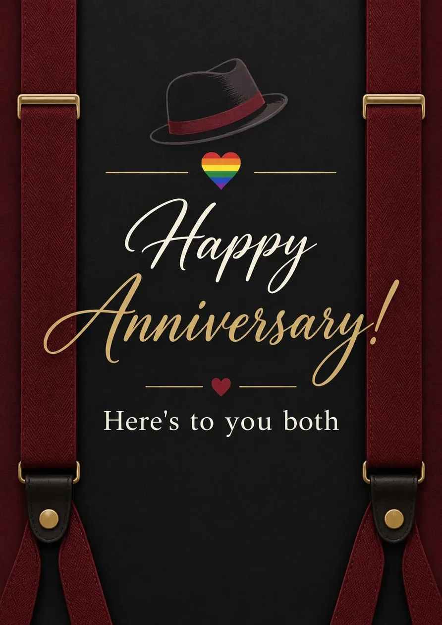 Rainbow Heart and Fedora Hat Anniversary Card for Him: the shop's own photo