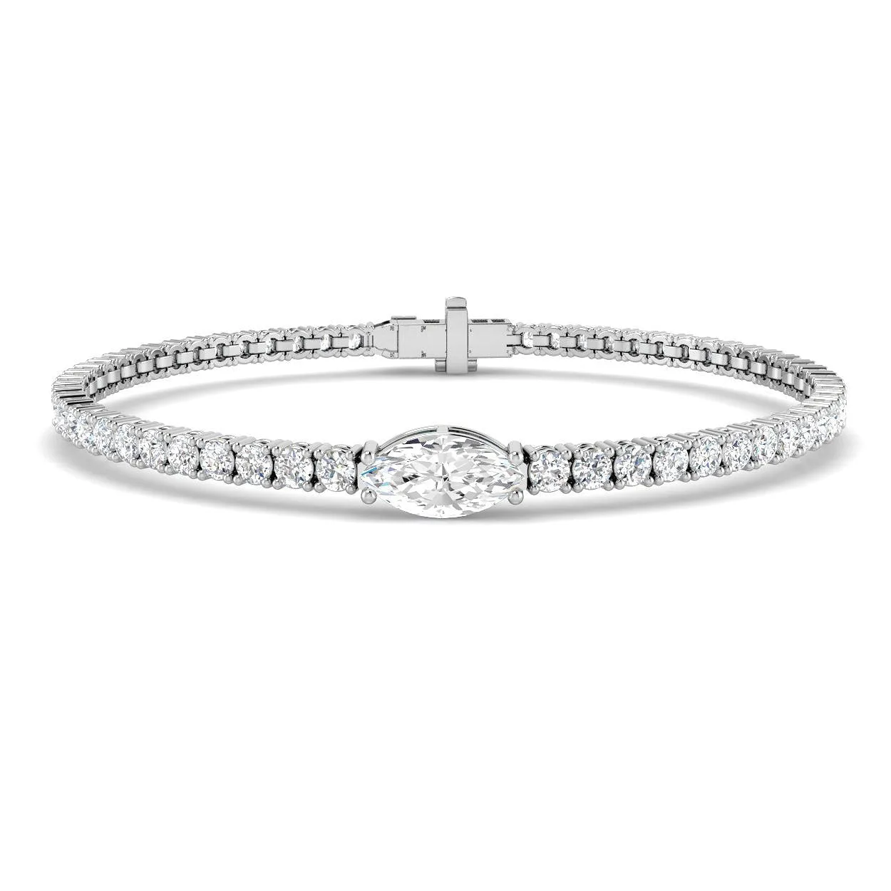 9K White Gold Lab Grown Diamond Tennis Bracelet – Marquise Solitaire with Round Prong Set Diamonds - 18k Yellow Gold / 4.30 Carat / Lab Grown Diamond: the shop's own photo