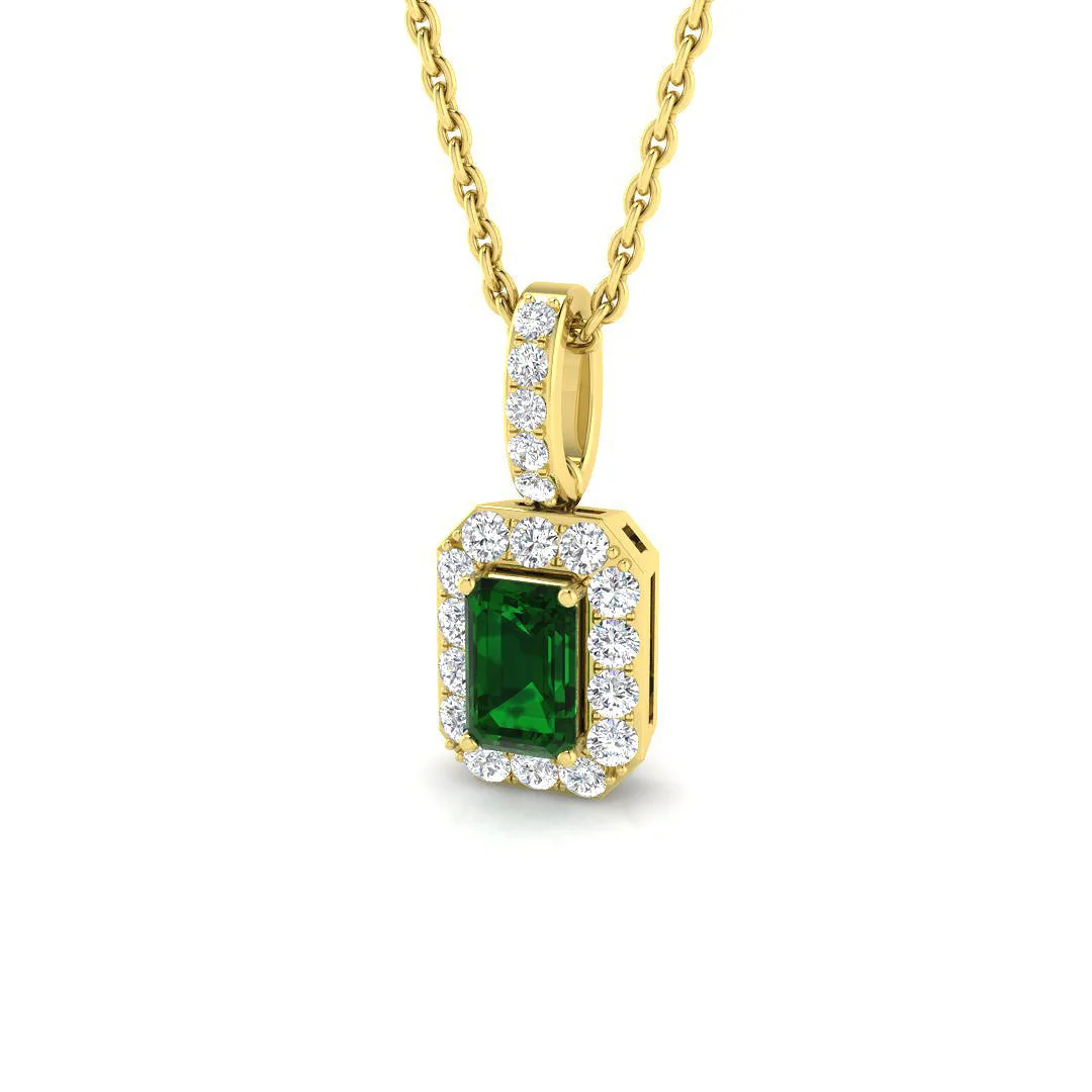 Emerald Cut Emerald Halo Pendant | Diamond Halo Necklace - Without Chain - 18k Yellow Gold / 0.33 Carat / Natural Diamond(F/SI): the shop's own photo