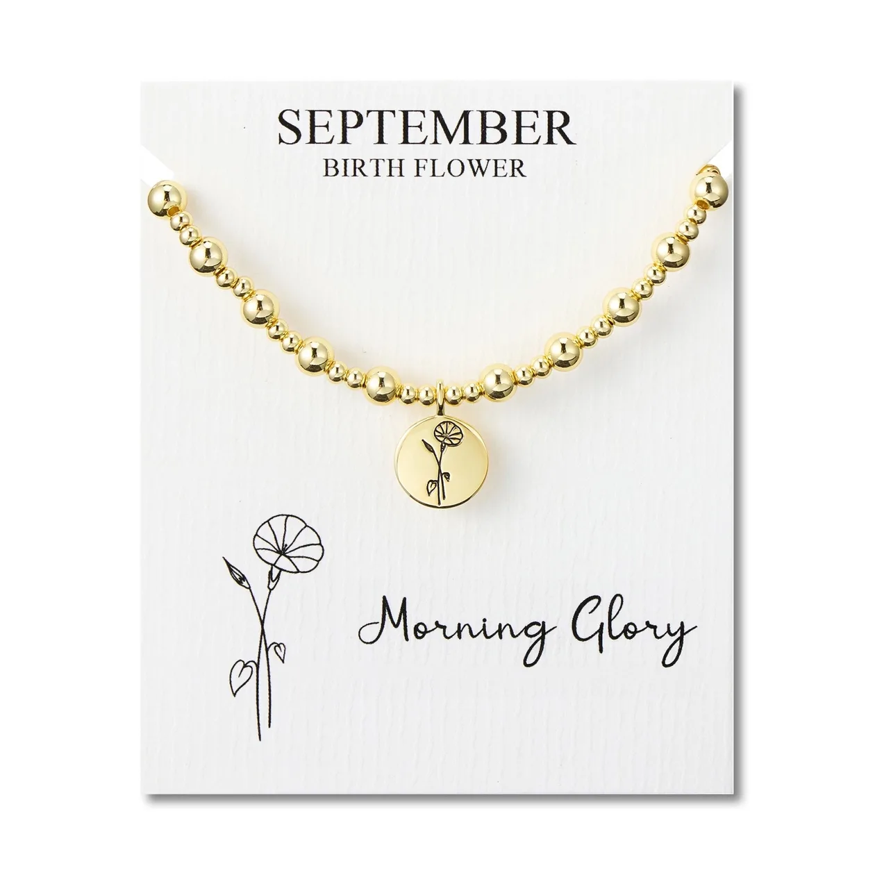 18k Gold Plated September Birth Flower Morning Glory Beaded Stretch Bracelet with Card: the shop's own photo