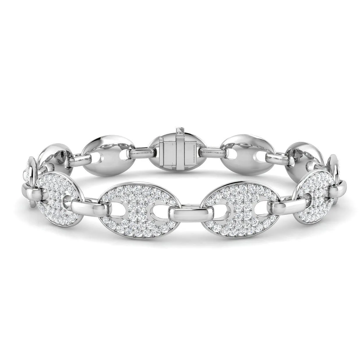 9K White Gold Natural Diamond Puff Link Bracelet with Pave Set Oval Links & Box Clasp - 18k Yellow Gold / 3.50 Carat / Lab Grown Diamond: the shop's own photo