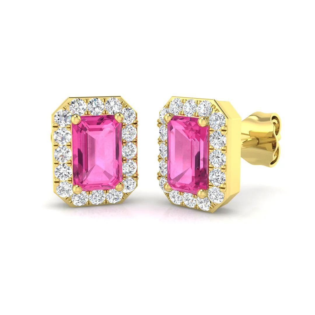 Emerald Cut Pink Sapphire Diamond Stud Earrings | Push Back | UK Made | 9K White, Yellow & - 9k Yellow Gold / 1.50 Carat / Lab Grown Diamond(D-VVS): the shop's own photo