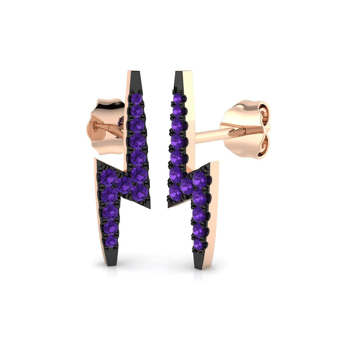 Stunning Purple Gemstone Lightning Bolt Stud Earrings 2 | 0.15-0.2ct - 0.15 Carat / 9k Rose Gold / Natural Diamond: the shop's own photo