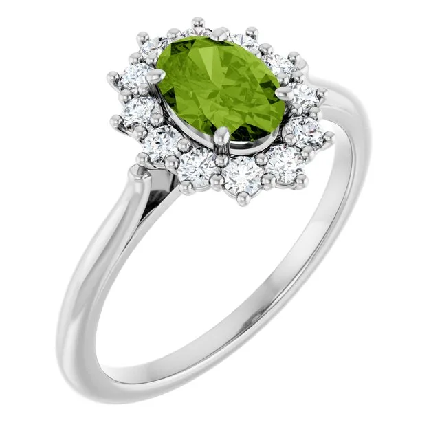 Oval Peridot Halo Ring with Diamond Accents in Gold and Platinum - 18k Yellow Gold / 1.60 Carat / Lab-Grown-AAA: the shop's own photo
