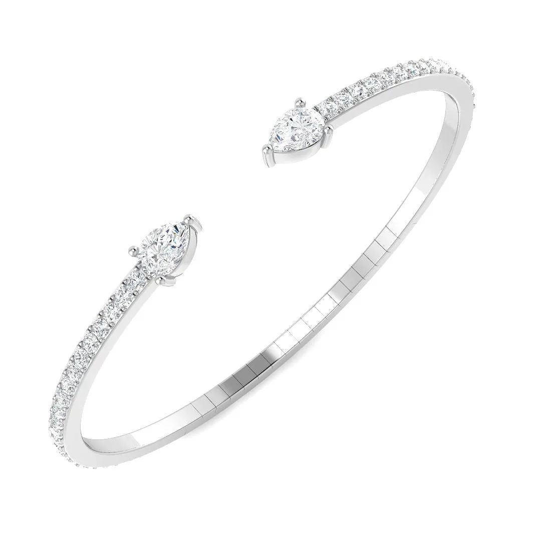 18K White Gold Natural Round Pave Open Cuff Diamond Bangle with Pear Solitaire Ends - 9k Yellow Gold / 2.70 Carat / Lab Grown Diamond: the shop's own photo