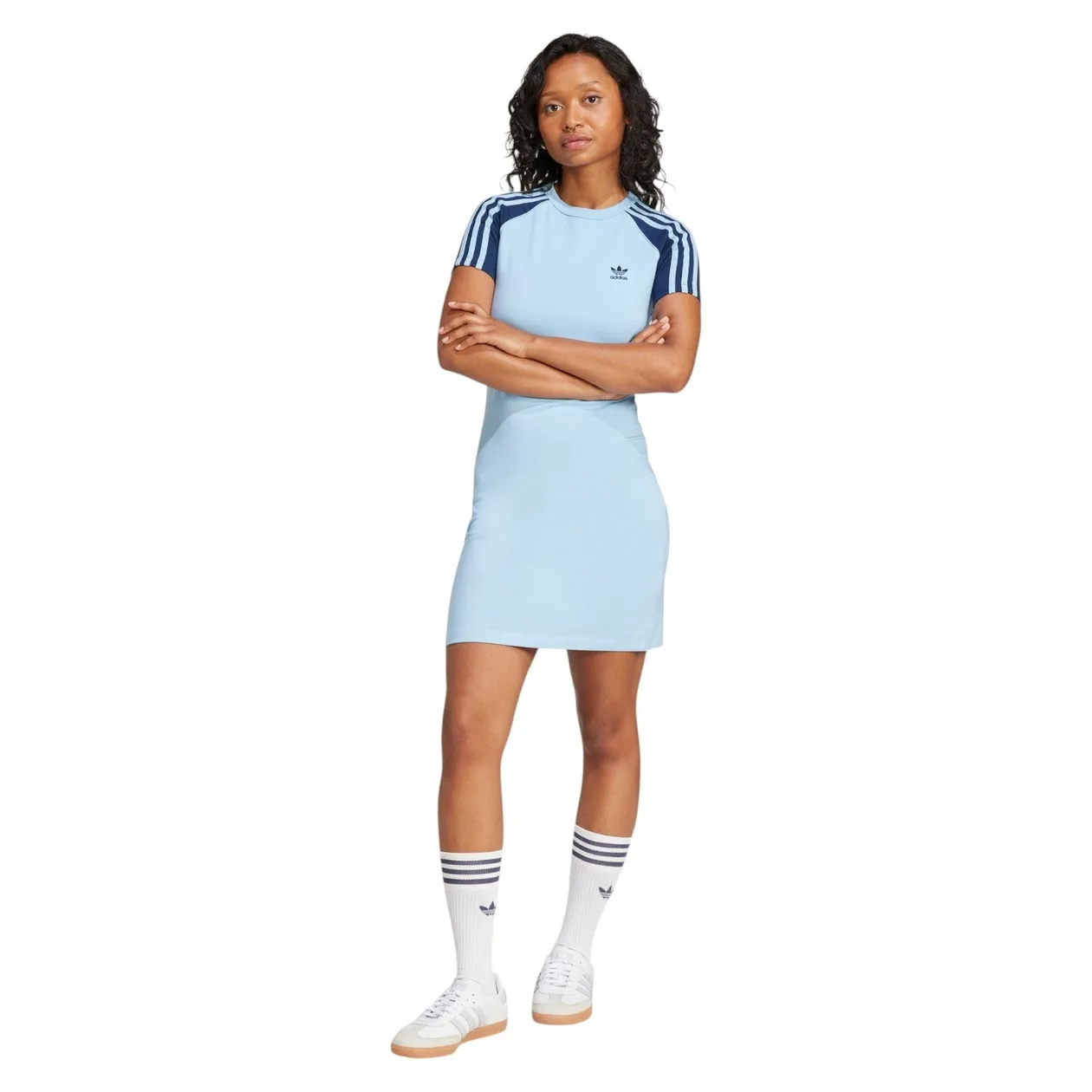 adidas Originals Adicolor 3-Stripes Raglan Short Sleeve Dress - Clear Sky / Night Indigo | Size: XS: the shop's own photo