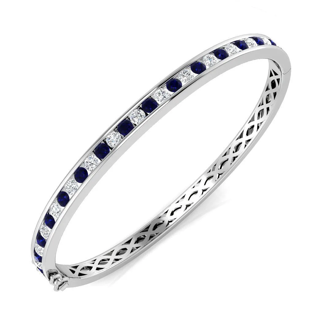 9K Yellow Gold Blue Sapphire and Natural Diamond Channel Set Gemstone Bangle - 18k White Gold / 2.75 Carat / Natural Diamond: the shop's own photo
