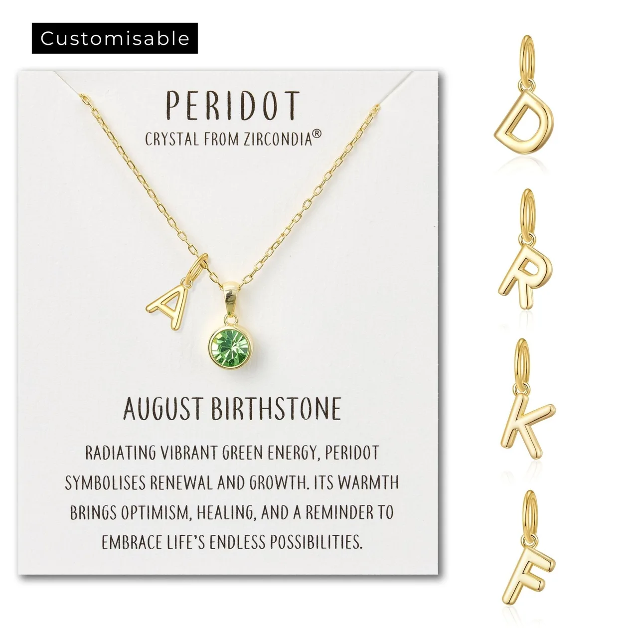Customisable 18k Gold Plated August (Peridot) Birthstone Necklace with Option of Initial Charms (A-Z): the shop's own photo