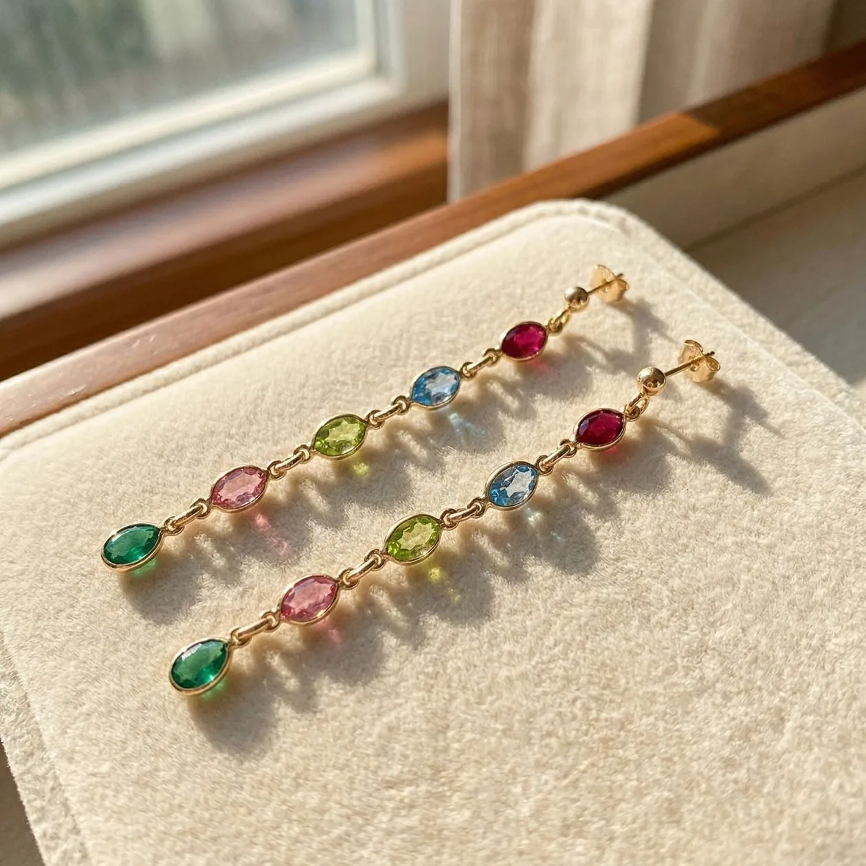 Dangle Multi Gemstone Crystal Drop Gold Plated Earrings: the shop's own photo