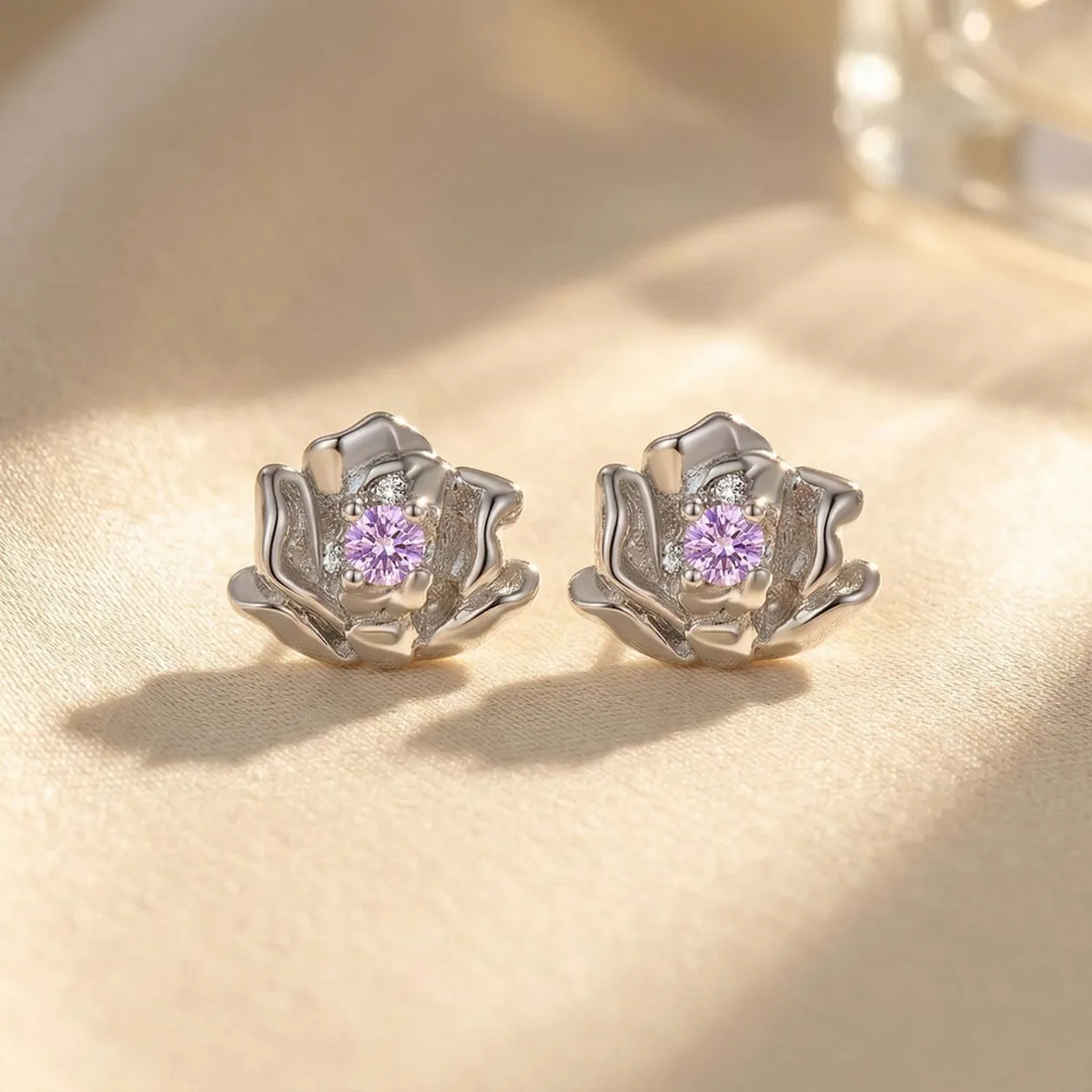 Sterling Silver Alexandrite June Birthstone Rose Birthflower Stud Earrings: the shop's own photo