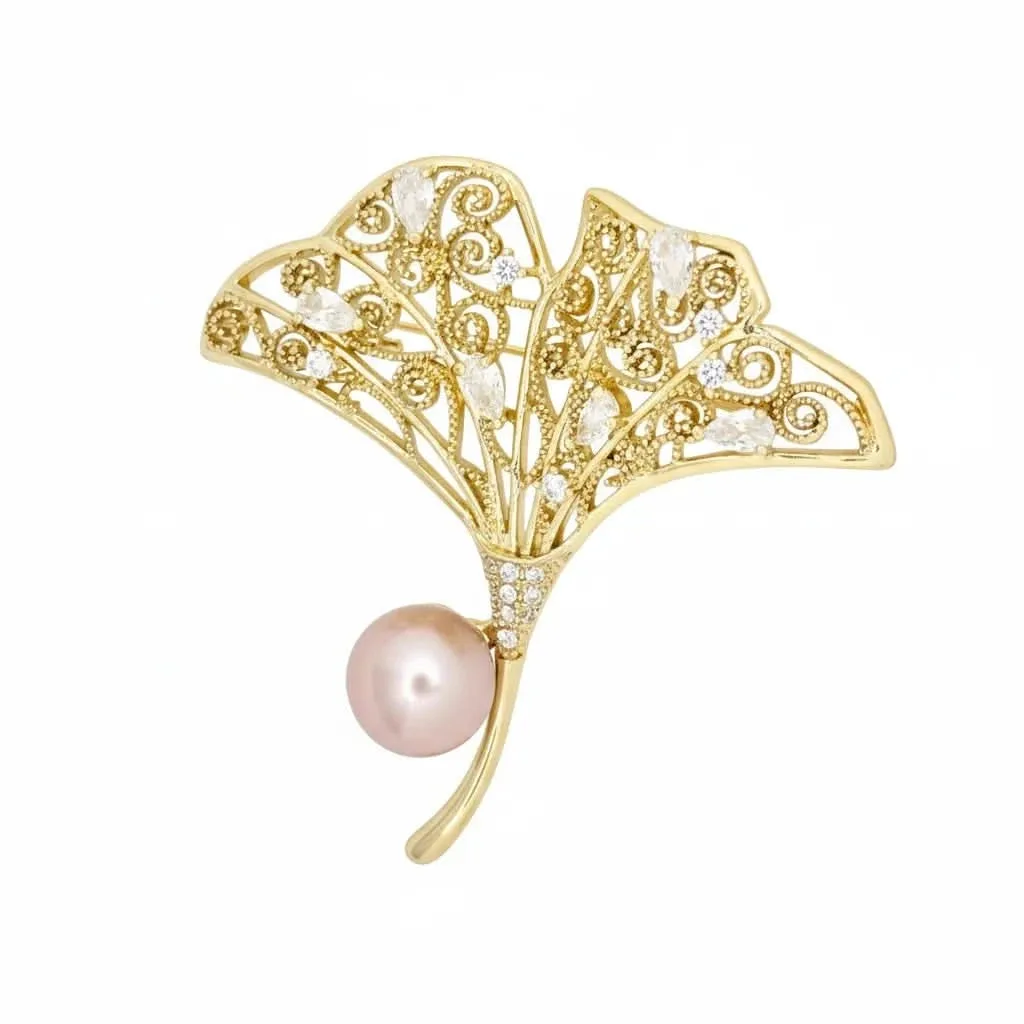 Ginkgo Leaf Pink and White Pearl Brooch: the shop's own photo