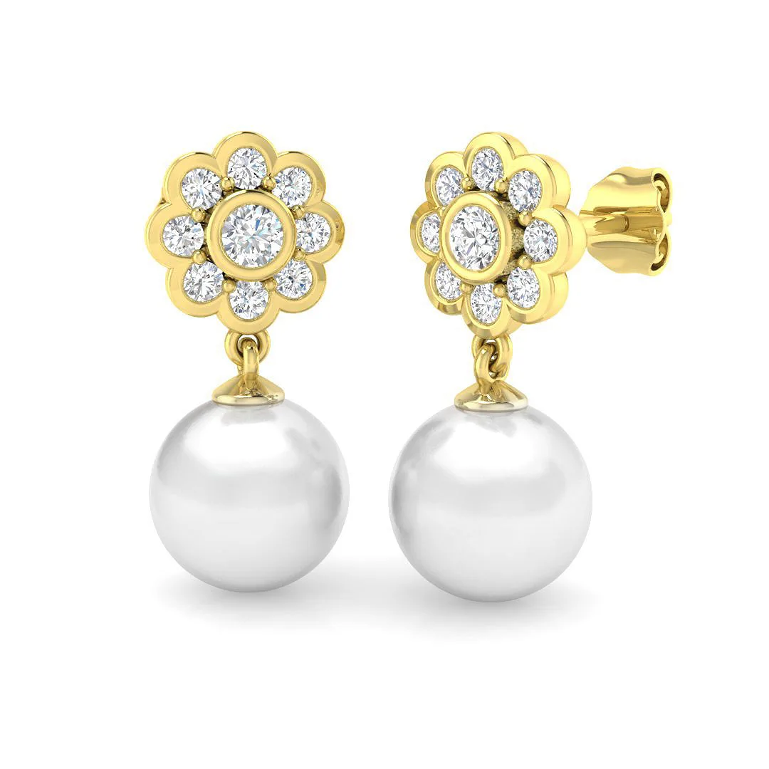 Pearl Floral Diamond Drop Earrings | Bezel Set | UK Hallmarked | 9K White, Yellow & Rose - 9k Yellow Gold / 13.00 Carat / Lab Grown Diamond(D-VVS): the shop's own photo