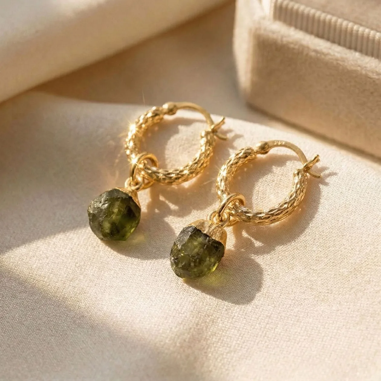 Raw Peridot August Birthstone Huggie Hoops Gold Plated Gemstone Earrings: the shop's own photo