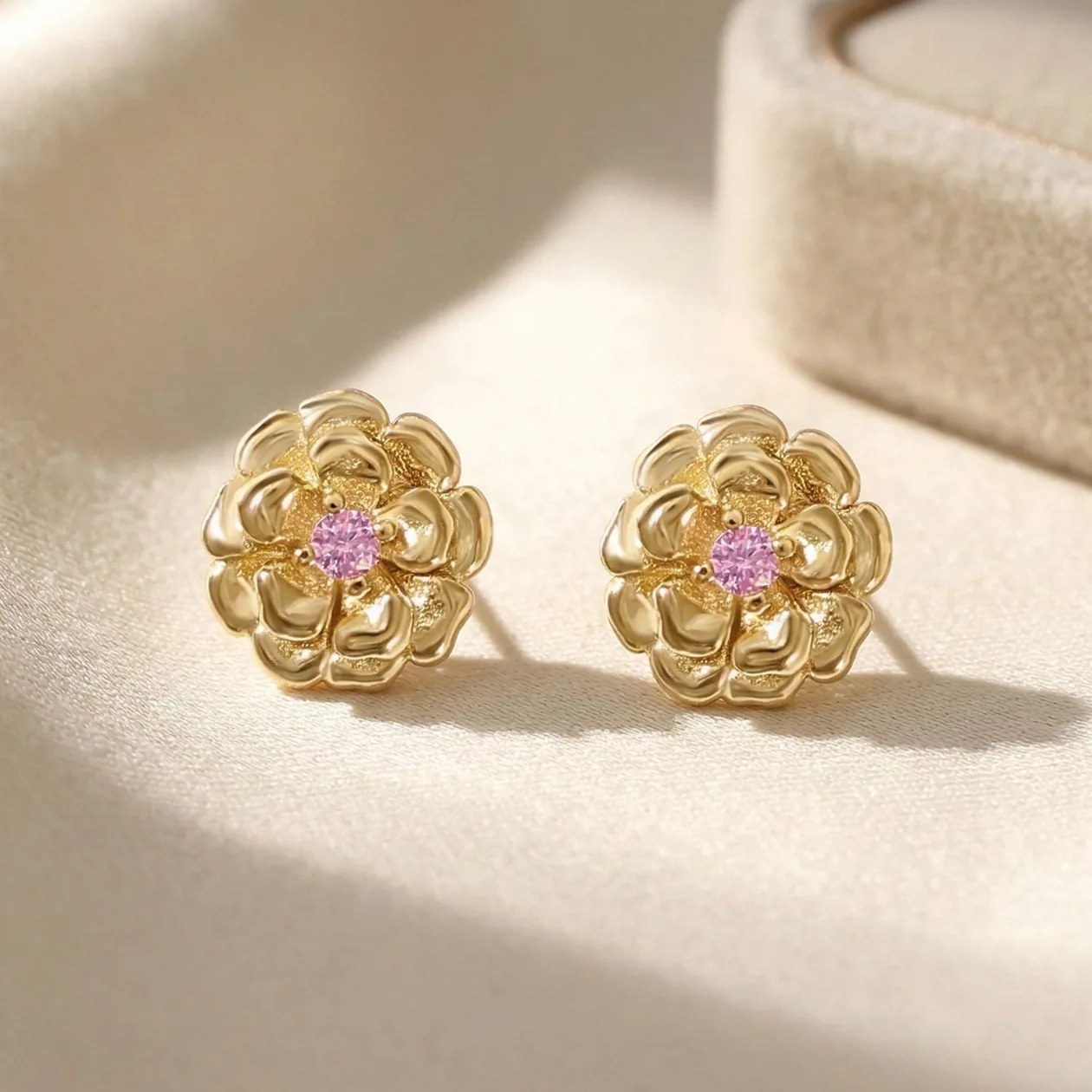 Pink Tourmaline October Birthstone Marigold Birthflower Gold Plated Stud Earrings: the shop's own photo