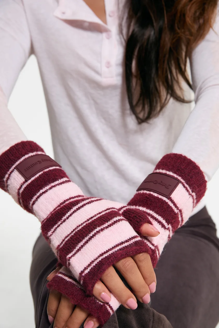 Burgundy Stripe Fingerless Mittens - ONE / Red: the shop's own photo
