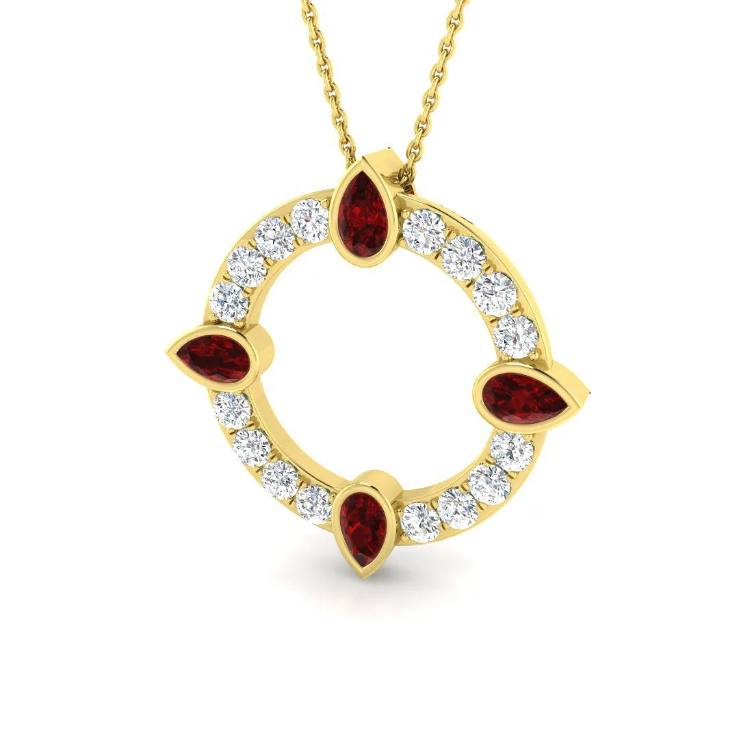 Pear Cut Ruby & Diamond Circle Pendant | Luxury Elegance Jewellery - 9k Yellow Gold / 2.00 Carat / Natural Diamond(F/SI): the shop's own photo