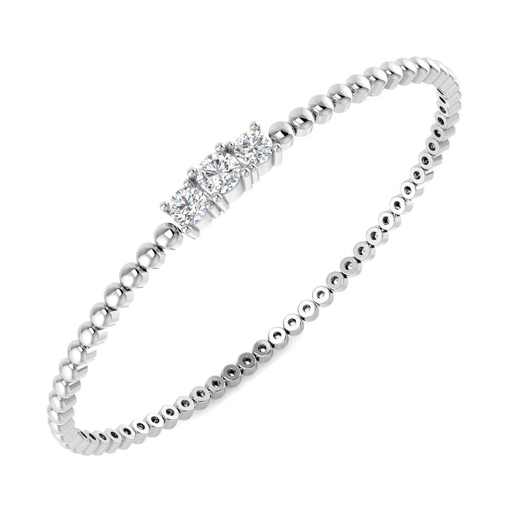 Platinum Lab Grown Round Three Stone Prong Set Beaded Diamond Bangle Bracelet - 18k Yellow Gold / 0.85 Carat / Natural Diamond: the shop's own photo