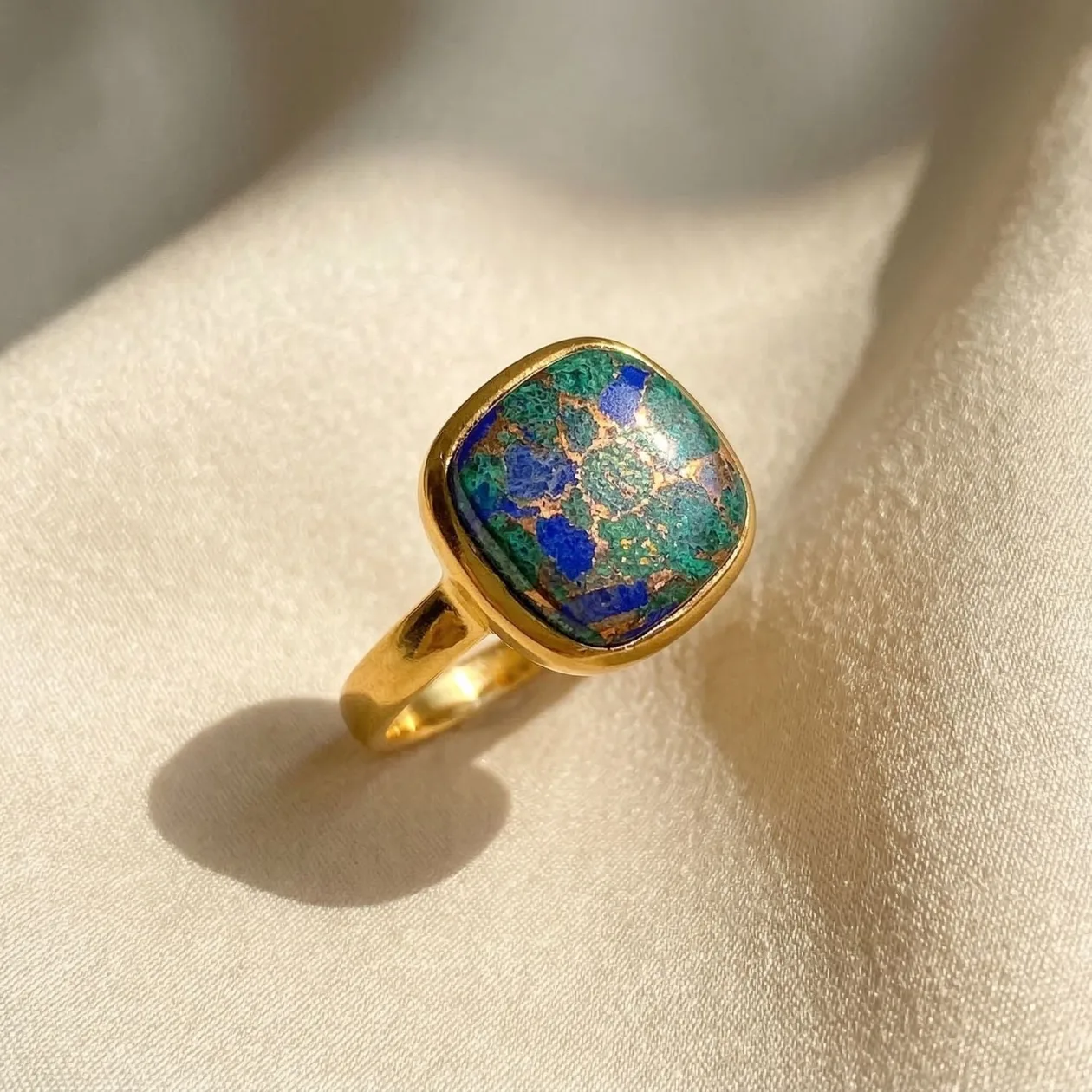 Azurite and Malachite Gemstone Gold Plated Ring - K (50mm): the shop's own photo
