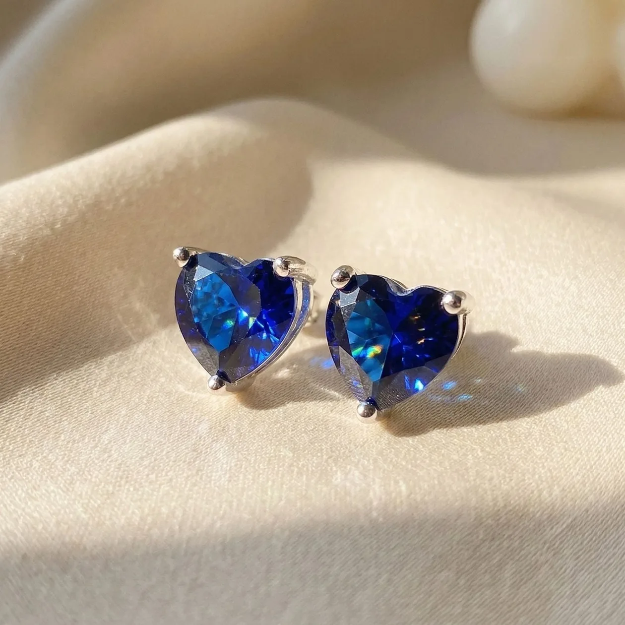 Sapphire September Birthstone Heart Sterling Silver Stud Earrings: the shop's own photo