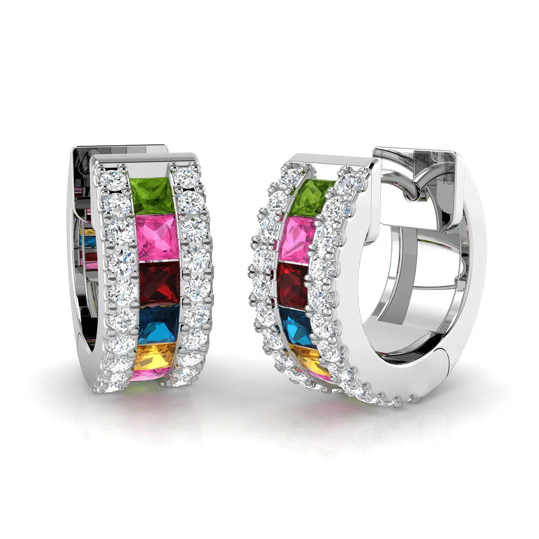 1.25 Ct Multi-Gemstone Gold Hoop Earrings | Lab-Grown & Natural | 9K White, Yellow & Rose Gold - 9k White Gold / 1.75 Carat / Natural Diamond(F-VS): the shop's own photo