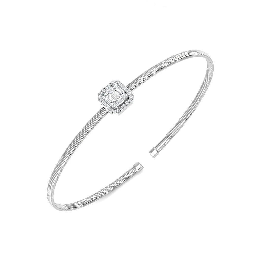 18K Yellow Gold Natural Baguette and Round Diamond Halo Cuff Bangle Bracelet - 9k White Gold / 0.30 Carat / Lab Grown Diamond: the shop's own photo