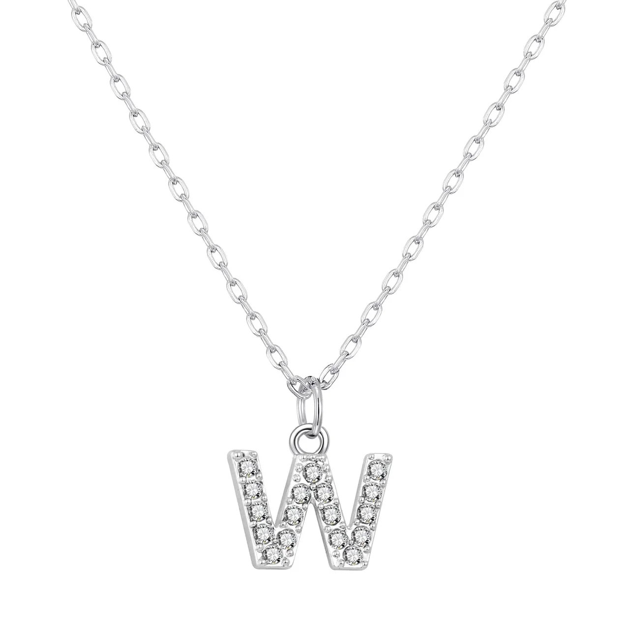 Customisable Silver Plated Pave Initial Necklace (A-Z) with Option of Birthstone Charm - W: the shop's own photo