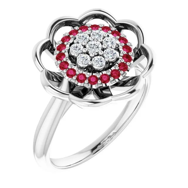 Round Ruby Halo Ring with Diamond Accents in Gold and Platinum - 18k Yellow Gold / 3.60 Carat / Lab-Grown-AAA: the shop's own photo