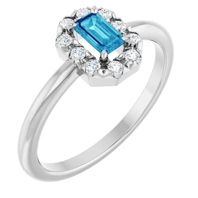 Emerald Blue Zircon Halo Ring with Diamond Accents in Platinum - 18k Yellow Gold / 3.00 Carat / Lab-Grown-AAA: the shop's own photo