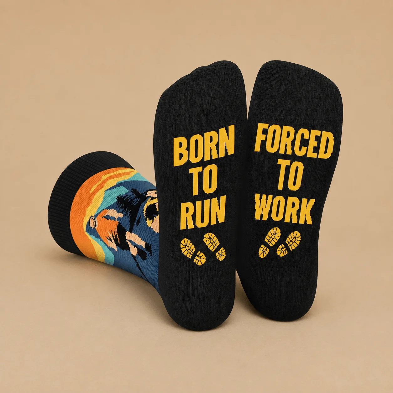"Born to Run, Forced to Work" Socks: the shop's own photo