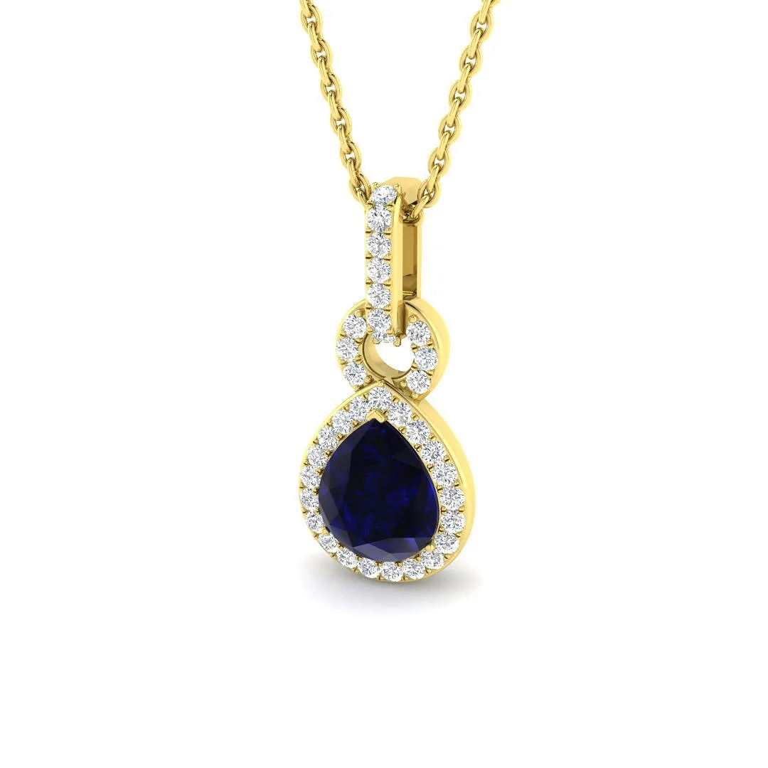 Blue Sapphire Pendant Necklace with Pear Halo | Gold & Platinum | UK Made - 9k Yellow Gold / 1.50 Carat / Natural Diamond(F/SI): the shop's own photo