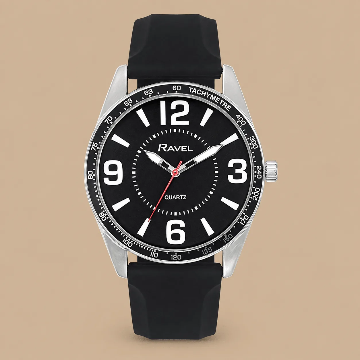 Ravel Men's Big Digit Silver Tone Watch with Black Top Ring on Silicone Sports Strap - Black: the shop's own photo