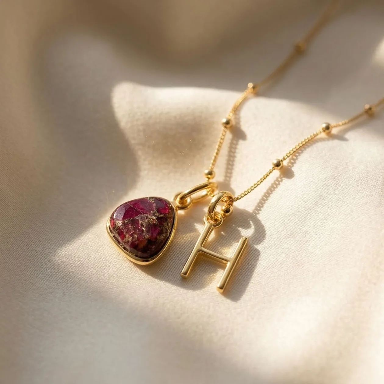 18ct Gold Plated Garnet Initial Necklace - C / Fine Chain: the shop's own photo