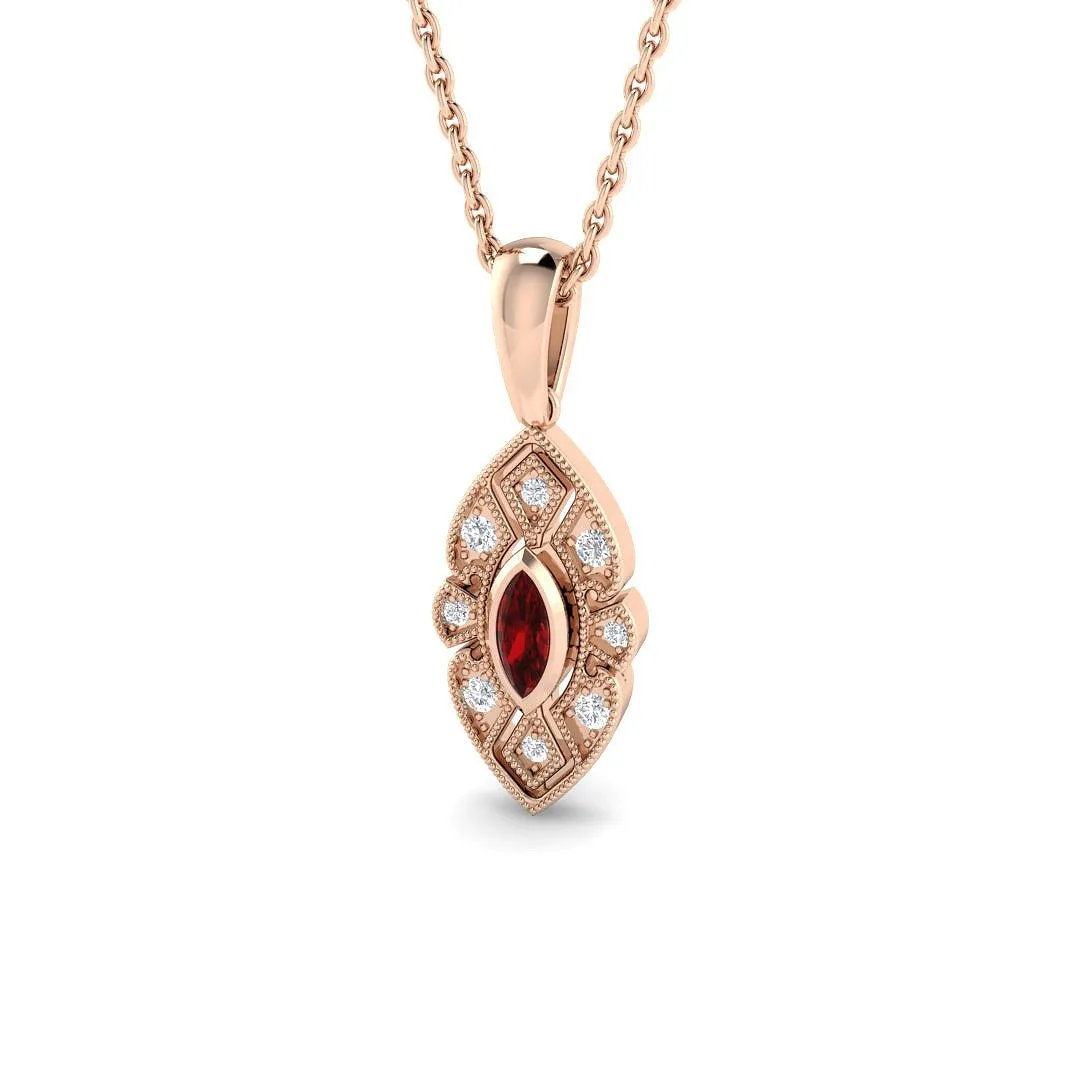Vintage Ruby Diamond Marquise Pendant Necklace | Gold & Platinum - 9k Rose Gold / 0.15 Carat / Natural Diamond(F/SI): the shop's own photo