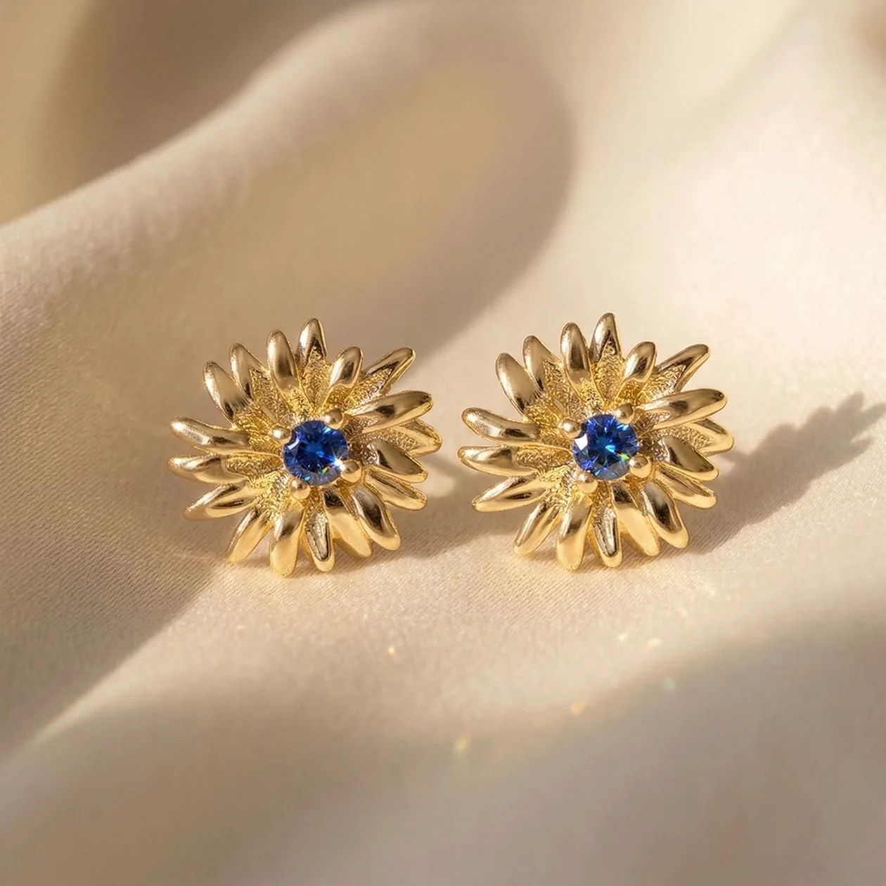 Sapphire September Birthstone Aster Birthflower Gold Plated Stud Earrings: the shop's own photo