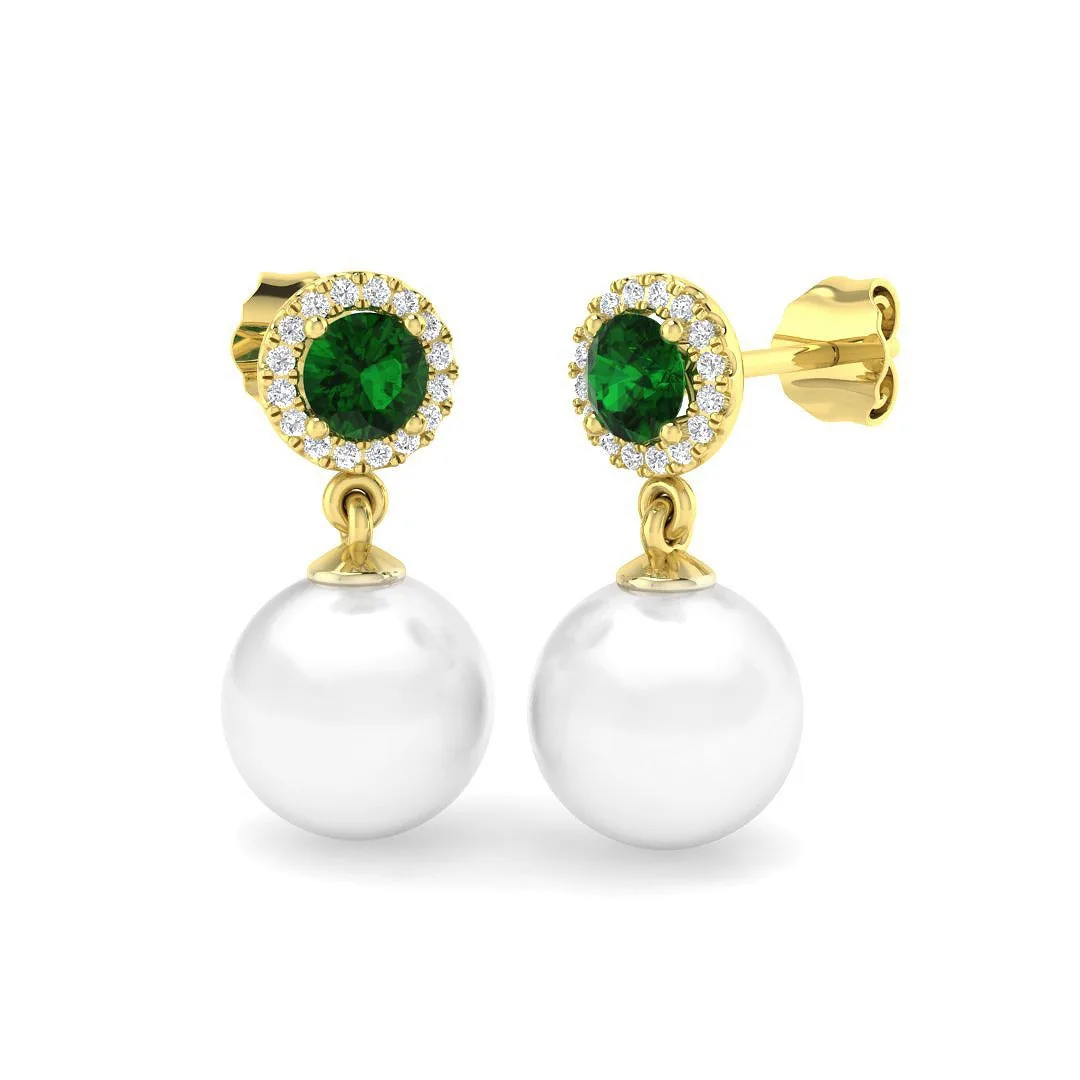 Emerald Pearl Drop Earrings | Diamond Halo Earrings | Push-Back Clasp | 9K White, Yellow & - 9k Yellow Gold / 7.50 Carat / Lab Grown Diamond(D-VVS): the shop's own photo