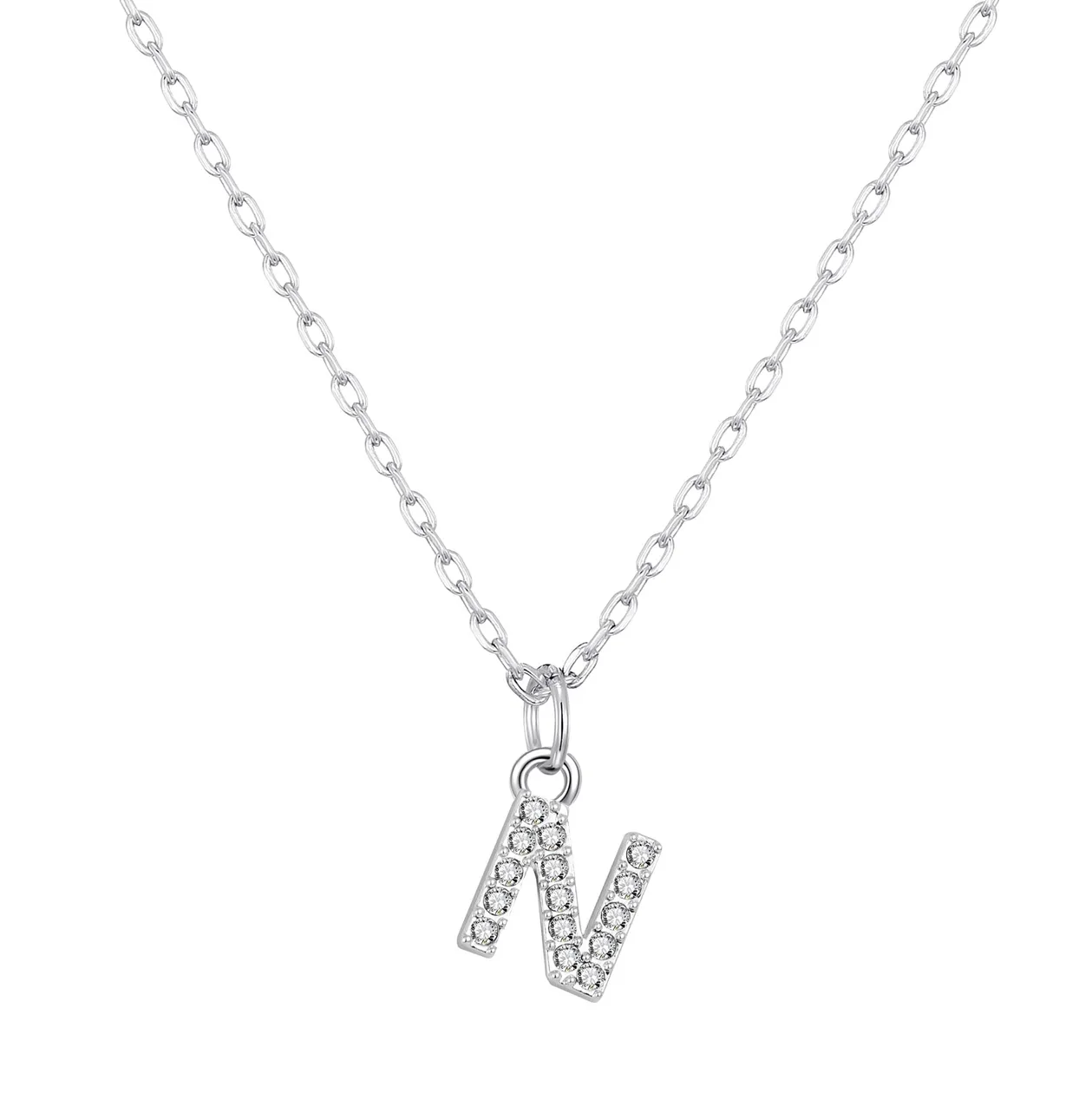 Customisable Silver Plated Pave Initial Necklace (A-Z) with Option of Birthstone Charm - N: the shop's own photo