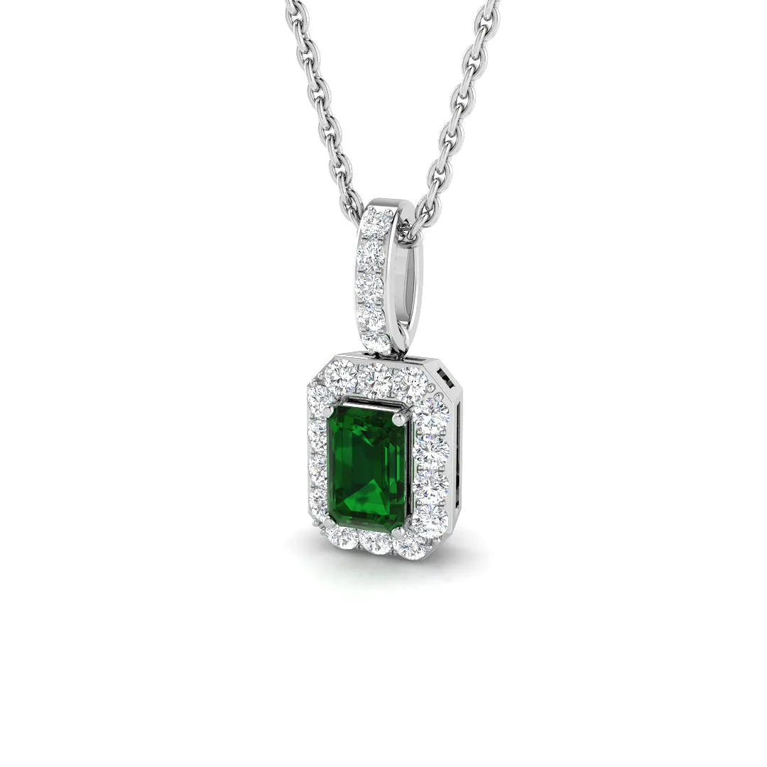Emerald Cut Emerald Halo Pendant | Diamond Halo Necklace - Without Chain - 950 Platinum / 0.33 Carat / Natural Diamond(F/SI): the shop's own photo