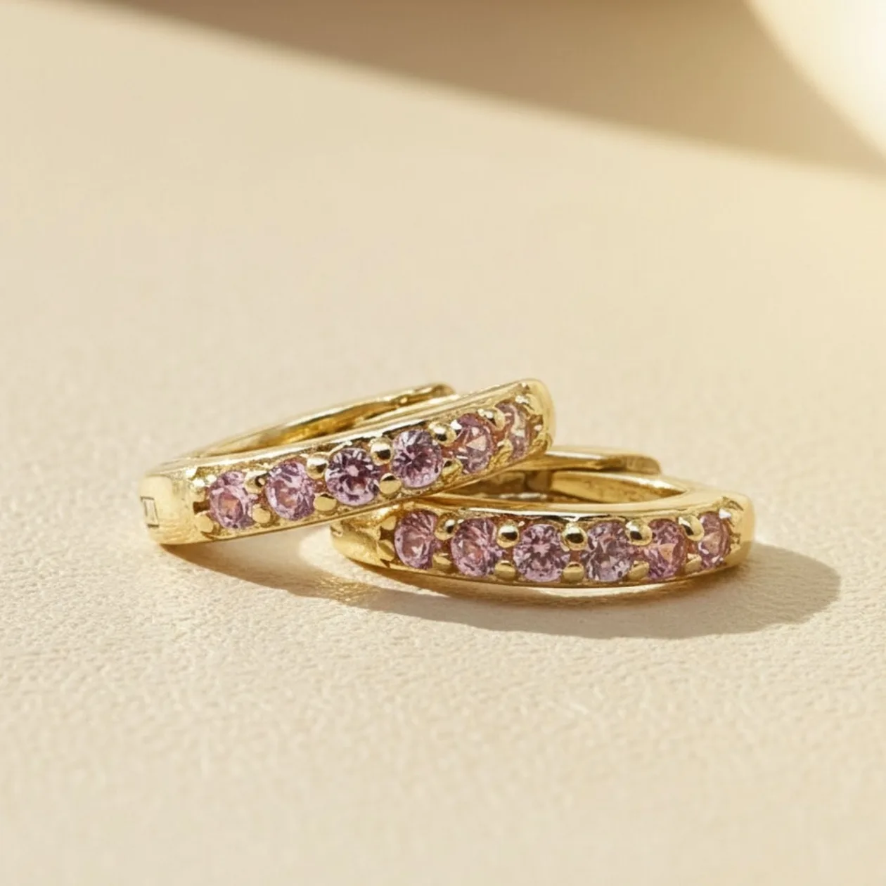 Pink Tourmaline October Birthstone Huggie Gold Plated Hoop Earrings: the shop's own photo